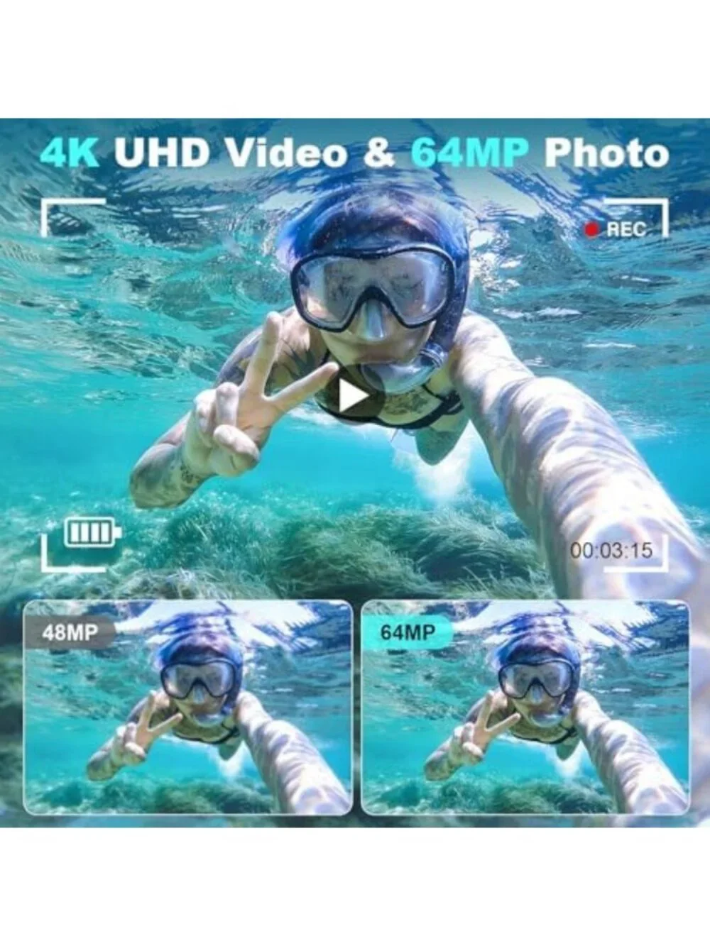 4K Waterproof Underwater Camera, 16FT Depth, 64MP Dual-Screen for Adventure